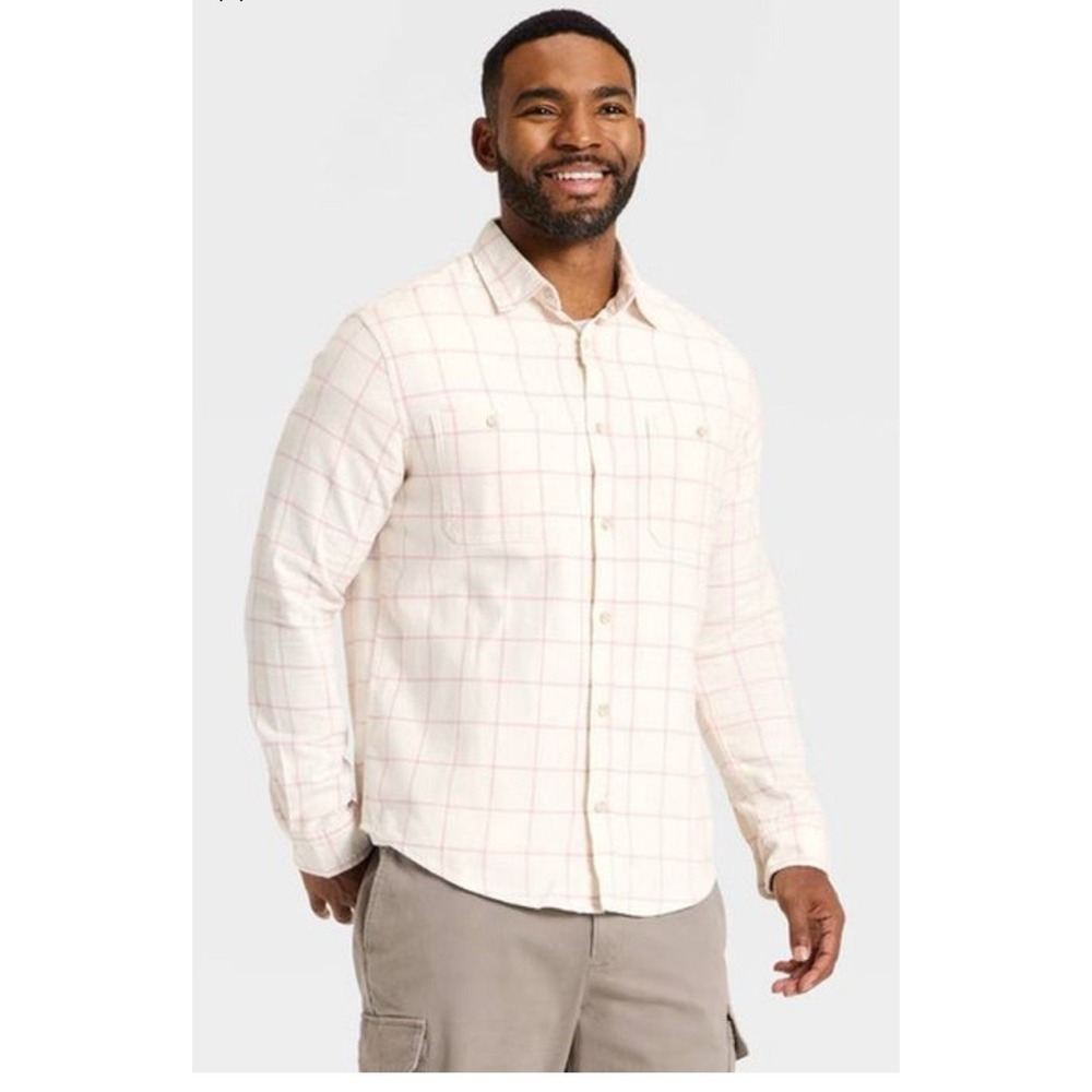Men Long Sleeve Flannel Button Down Shirt - Goodfellow & Co Cream/pink Size S
